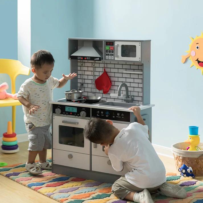 Selected image for KINDER HOME Dečija drvena kuhinja sa zvukom, svetlom i priborom za kuvanje belo-siva