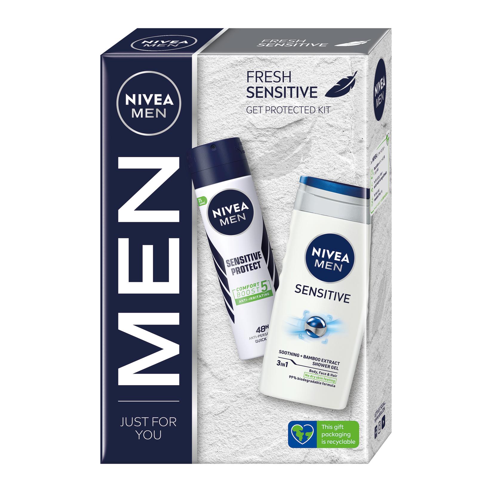 Selected image for NIVEA MEN Fresh Sensitive Set, ( Nivea Men Sensitive protect sprej 150 ml, Nivea Men Sensitive gel za tuširanje 250 ml)