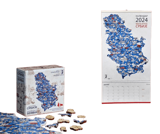 Jarilo Drvena slagalica Mapa blaga Srbije + Zidni ilustrovani kalendar Srbije za 2024.