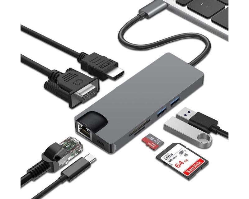 E-GREEN Adapter USB 3.1 Tip C (M) HDMI+VGA+2X 3.0 USB + tip C + SD (F) + RJ45