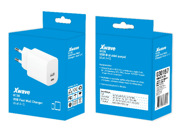 Selected image for Xwave H130 Brzi zidni punjač za mobilne telefone i tablete, 20 W, Dual A+C, Beli