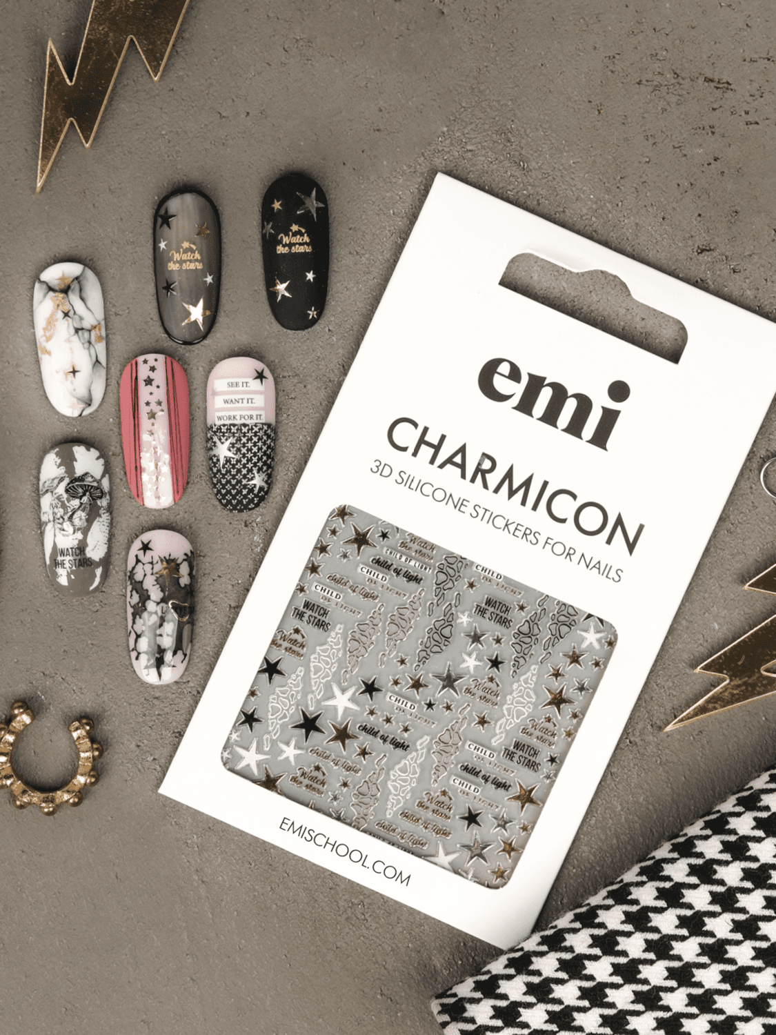 E.MI 3D Silikonske nalepnice za nokte Charmicon 218 Starfall crne, bele i zlatne