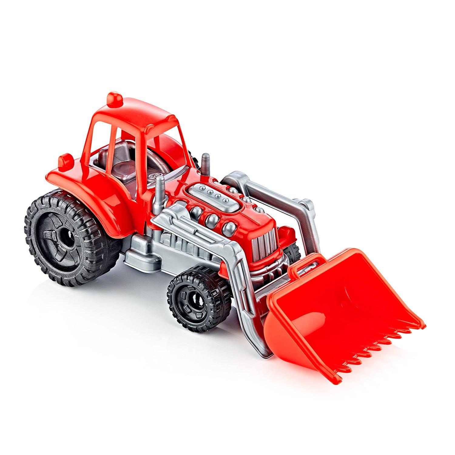 Plastični traktor sa kašikom i prikolicom crveni