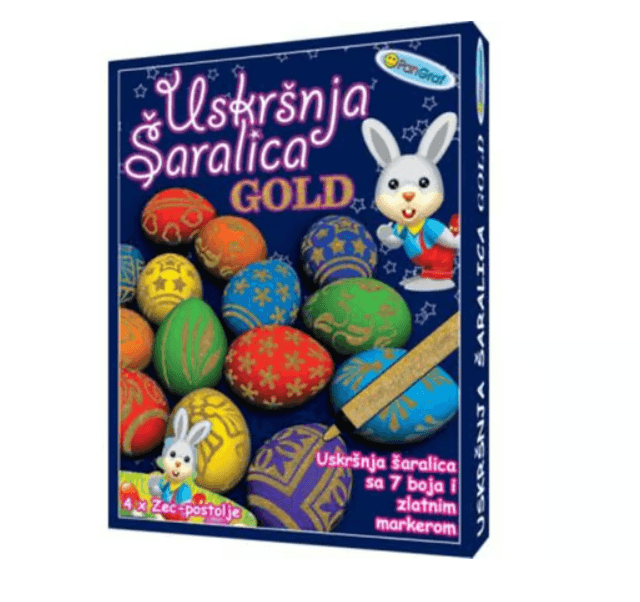 Set boja za uskršnja jaja 7/1 + zlatni marker-šaralica + postolje-kartonski zec 4/1