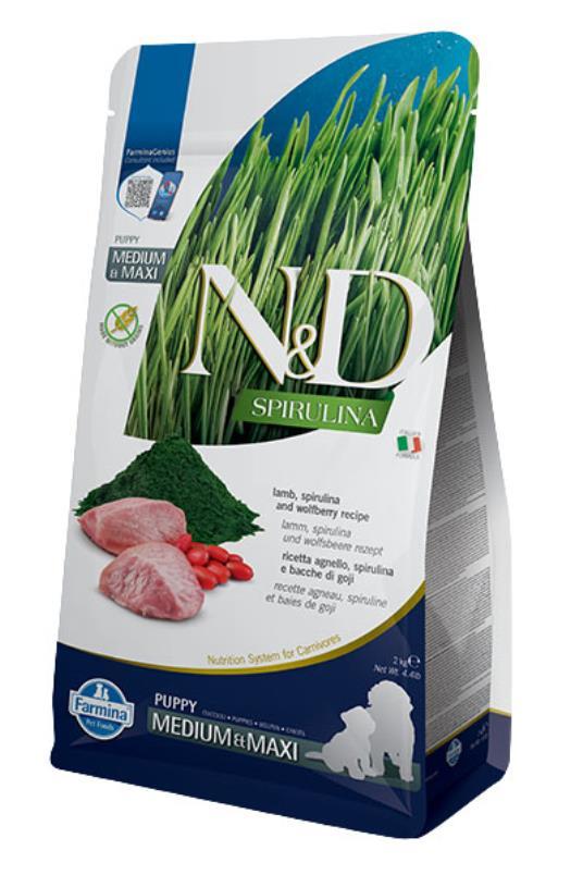 N&D Spirulina Hrana za štence, gravidne kuje ili kuje u laktaciji Jagnjetina, spirulina i goji bobice Medium&Maxi 7kg