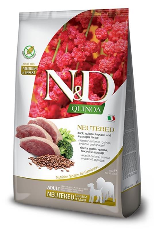 N&D Quinoa Hrana za sterilisane/kastrirane pse Pačetina, kinoa, brokoli, špargla Medium&Maxi 12kg