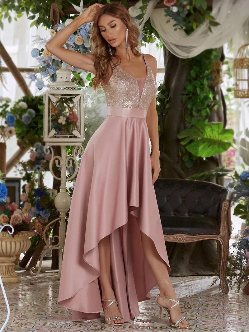 Selected image for EP Ženska elegantna asimetrična haljina na bretele EP00667OD10 roze