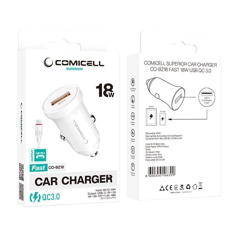 Selected image for Comicell Auto punjac  Superior CO-BZ18 FAST 18W USB QC 3.0 Micro beli