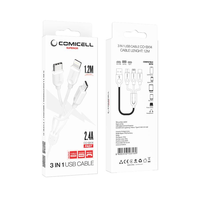 Selected image for Comicell USB data kabal  Superior CO-BX14 3in1 lightning/micro/type C 2.4A 1.2m beli