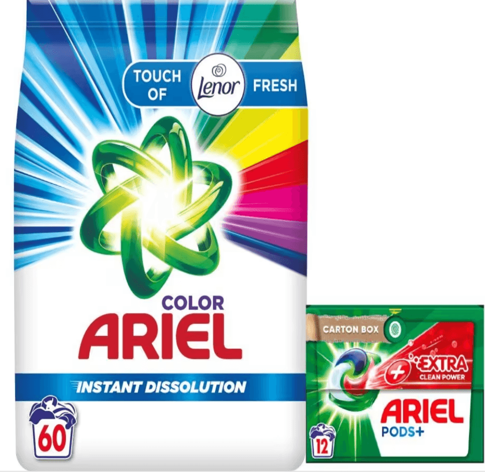 Ariel Touch of Lenor Color Tečni deterdžent za pranje veša, 60 pranja + Extra Clean Power Deterdžent za pranje veša u kapsulama, 12 kapsula