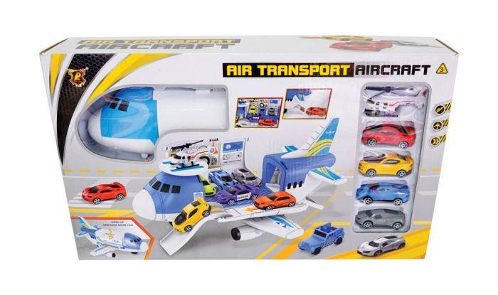 MOJA KNJIŽARA Set igračka avion nosač, 4 automobila, helikopter i nalepnice