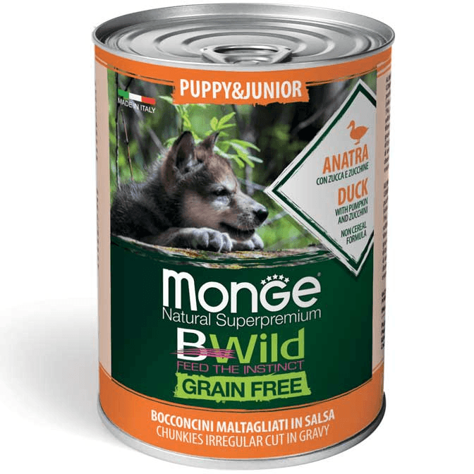 MONGE Vlažna hrana u konzervi za štence bwild puppy grain free, pačetina 400g