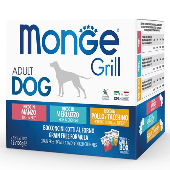 Selected image for MONGE Vlažna hrana za pse grill multipack sosić 12x100g piletina&ćuretina, govedina, bakalar
