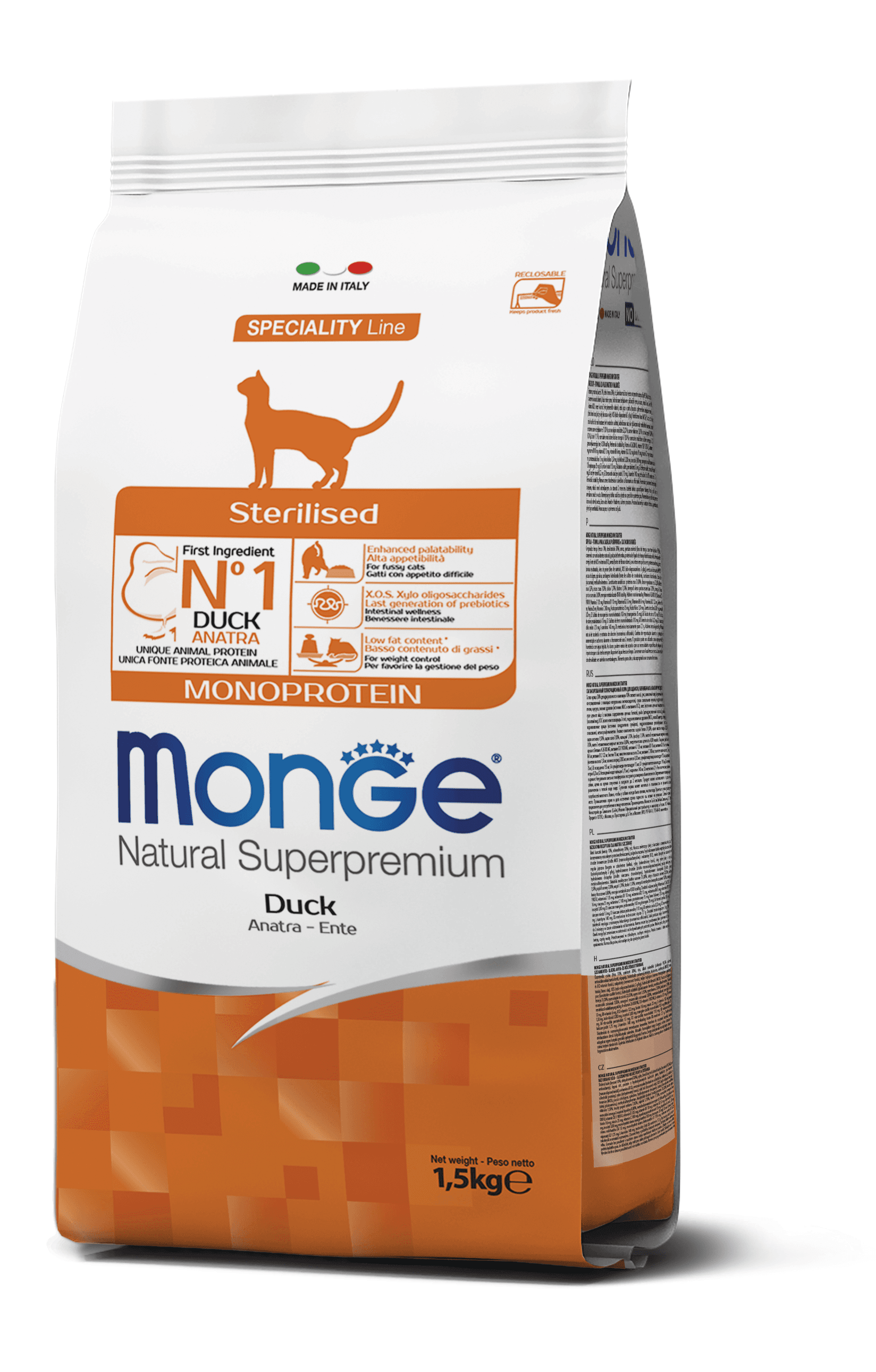 MONGE Suva hrana za sterilisane mačke sa ukusom pačetine Adult Monoprotein 1.5 kg