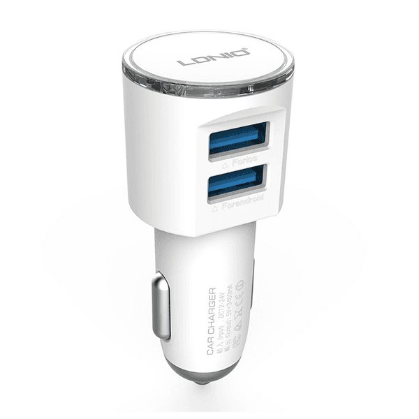 LDNIO DL-C29 Auto-punjač Dual USB, 3.4A, Micro USB kabl, Beli