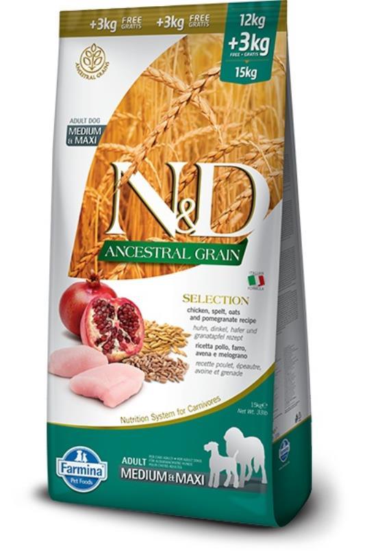 N&D Suva hrana za pse Ancestral Grain Medium/Maxi  Piletina, spelta, ovas i nar 12kg+3kg Gratis