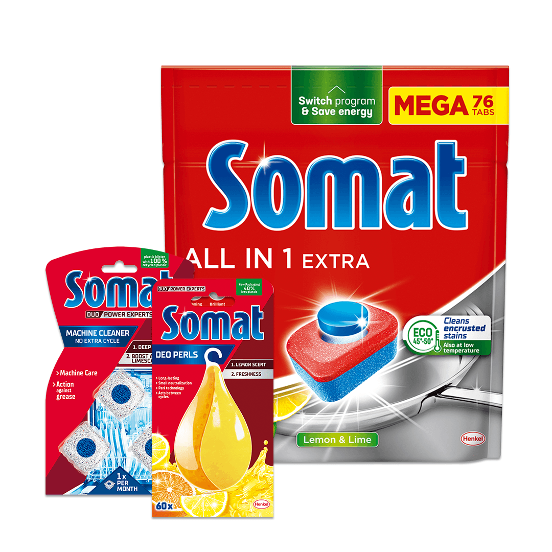 SOMAT Set za pranje sudova, Tablete za pranje sudova, osveživač i kapsule za čišćenje mašine , 76 tableta, 60 pranja osveživačem