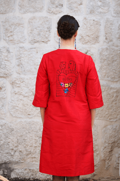 2 thumbnail image for ISKON MODE Ženski mantil od svile sa čipkom i vezenim detaljima crveni