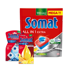 0 thumbnail image for SOMAT Set za pranje sudova, Tablete za pranje sudova, osveživač i kapsule za čišćenje mašine , 76 tableta, 60 pranja osveživačem