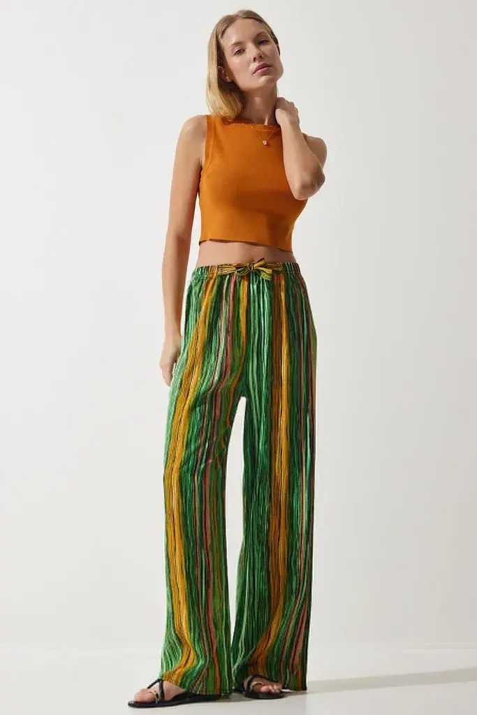 Happiness Istanbul Ženske Zelene Žute Šarene Lepršave Viskoza Regular fit Pantalone EN00606, Zelena Žuta / Zelena