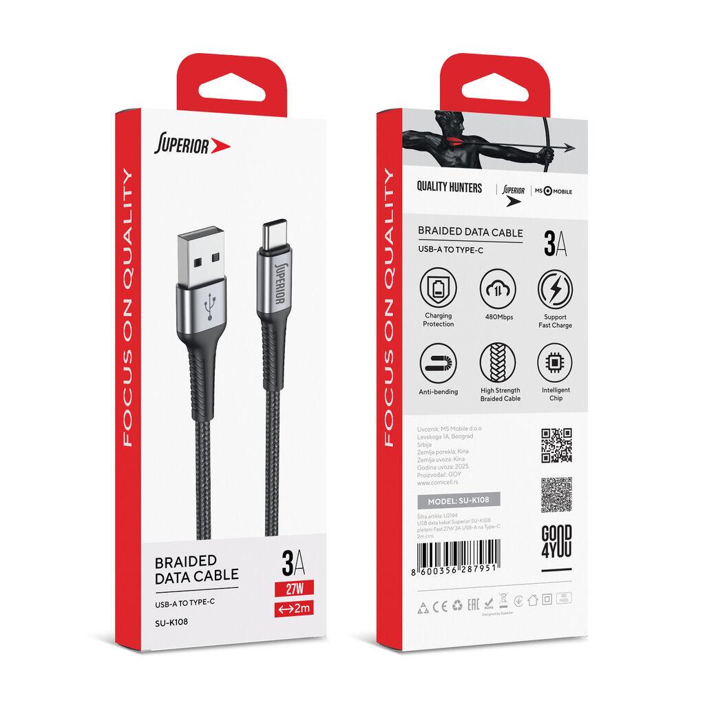 Galaxy Code USB data kabl SU-K108, USB-A na Type-C, Pleteni, Fast 27W, 3A, 2 m, Crni