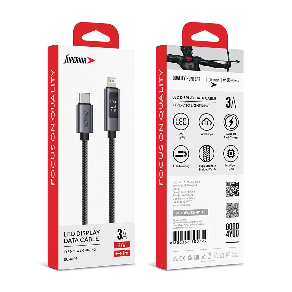 Galaxy Code USB data kabl SU-K107, Type-C na Lightning, Pleteni, 3A, 27W, LED ekran, 1 m, Crni