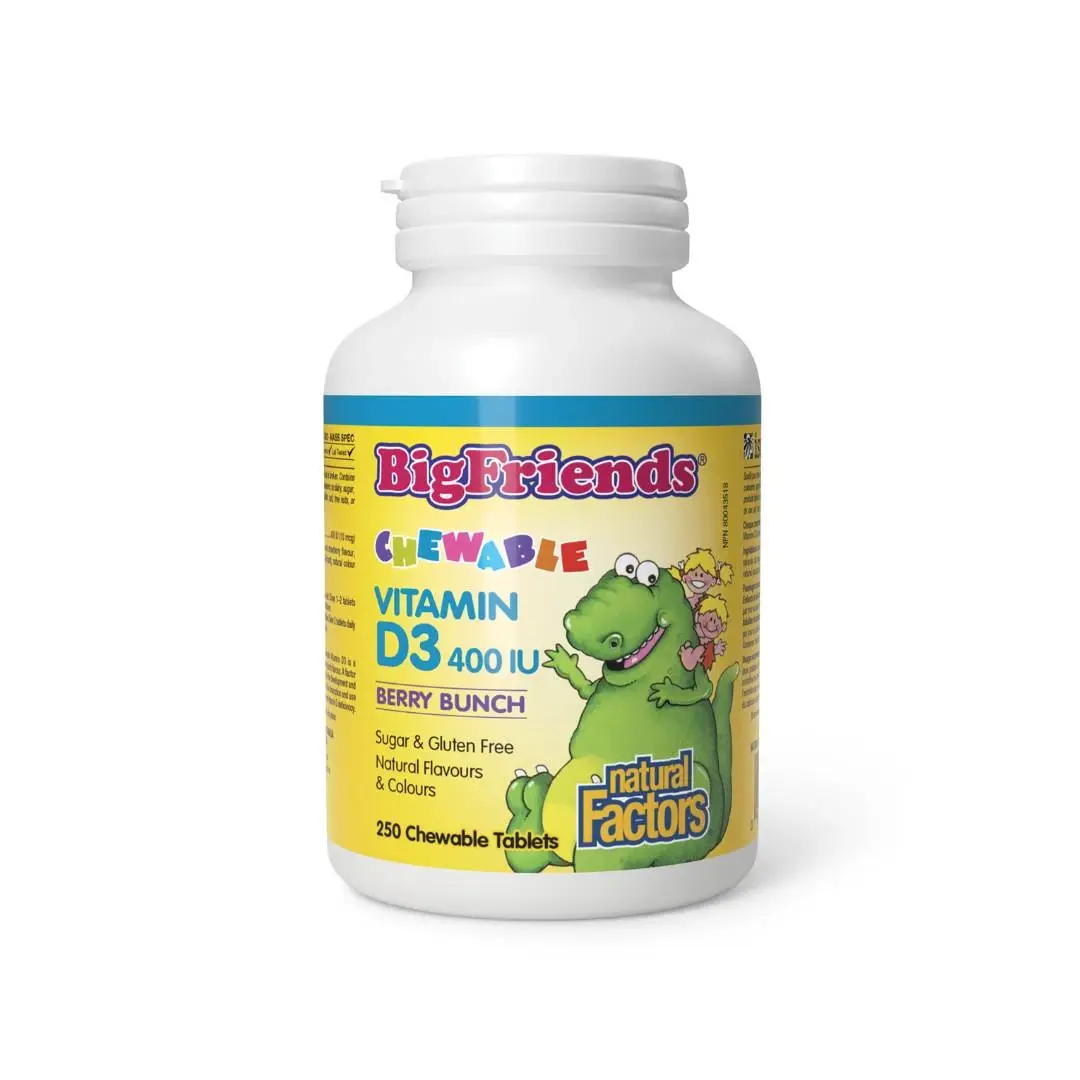 NATURAL FACTORS Vitamin D3 400 IU BigFriends, Bobičasto voće, 250 Tableta za žvakanje