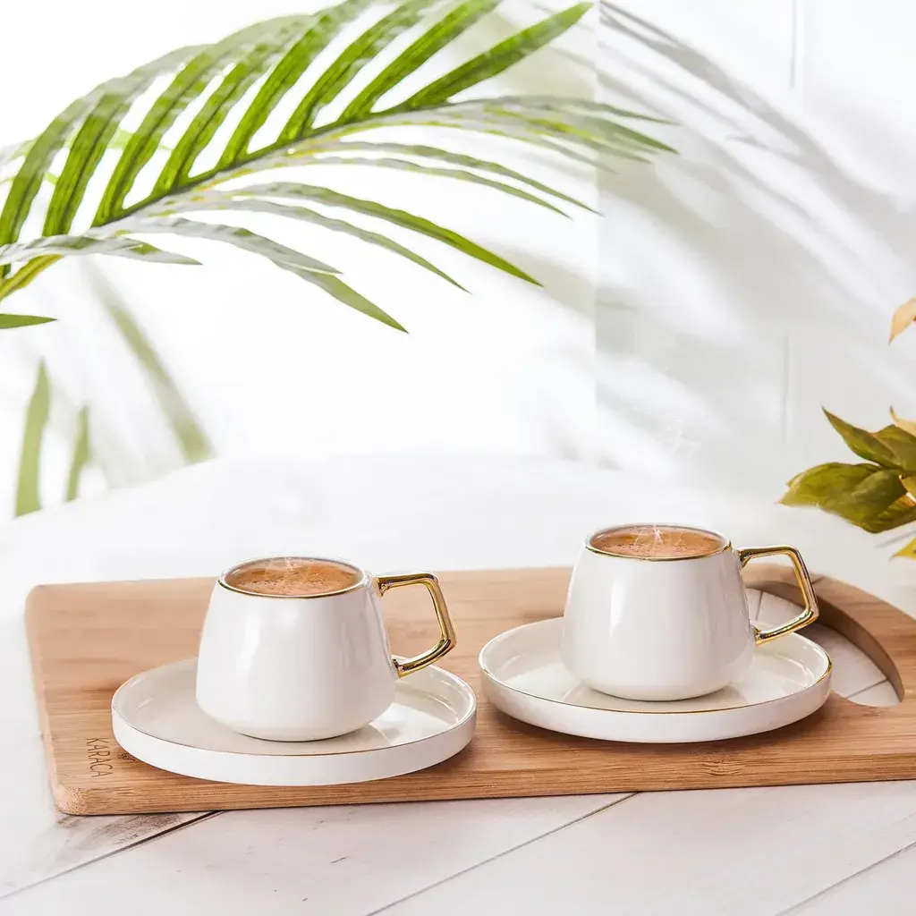 Karaca Streamline 4-delova Porcelanski Set za Espresso/Tursku Kafu za 2 Osobe - Bela/Zlatna