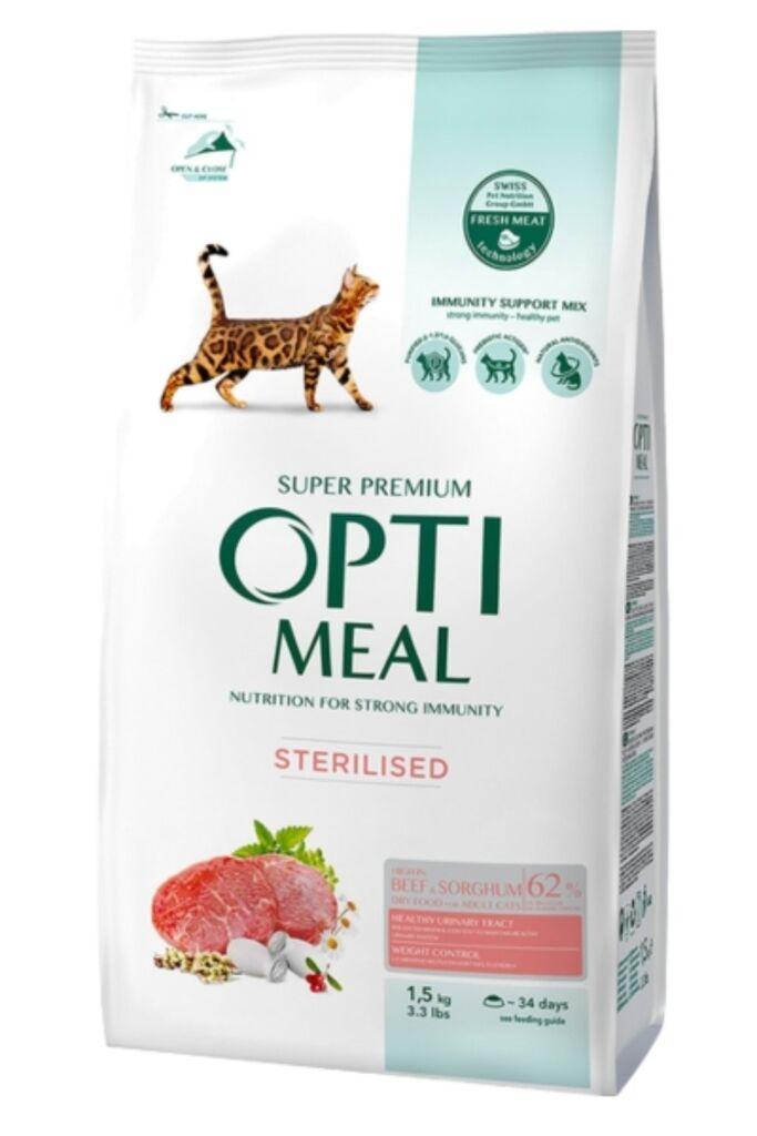 Optimeal Suva hrana za sterilisane mačke, Govedina i sirak, 1.5kg