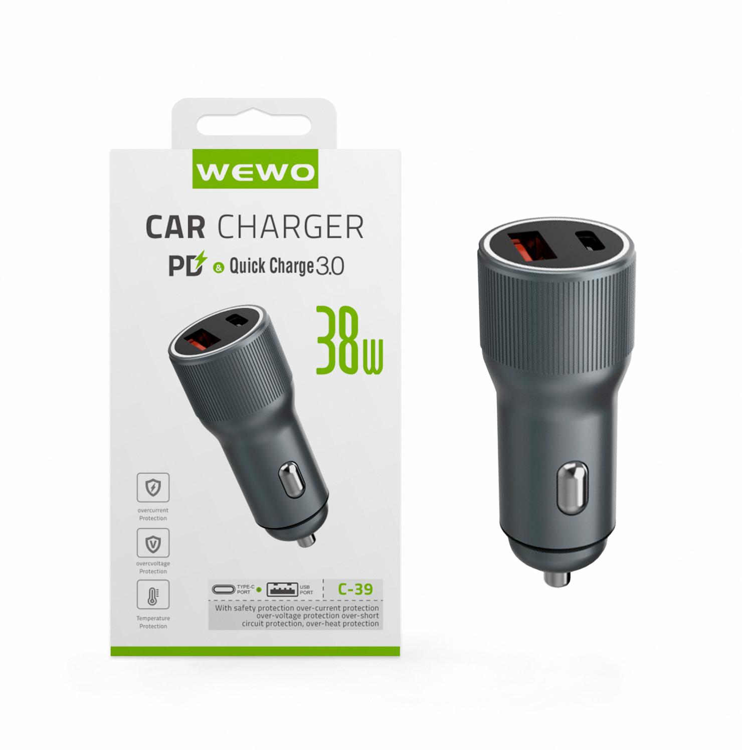 WEWO Auto punjač C-39 PD + USB 38W/3A, Sivi
