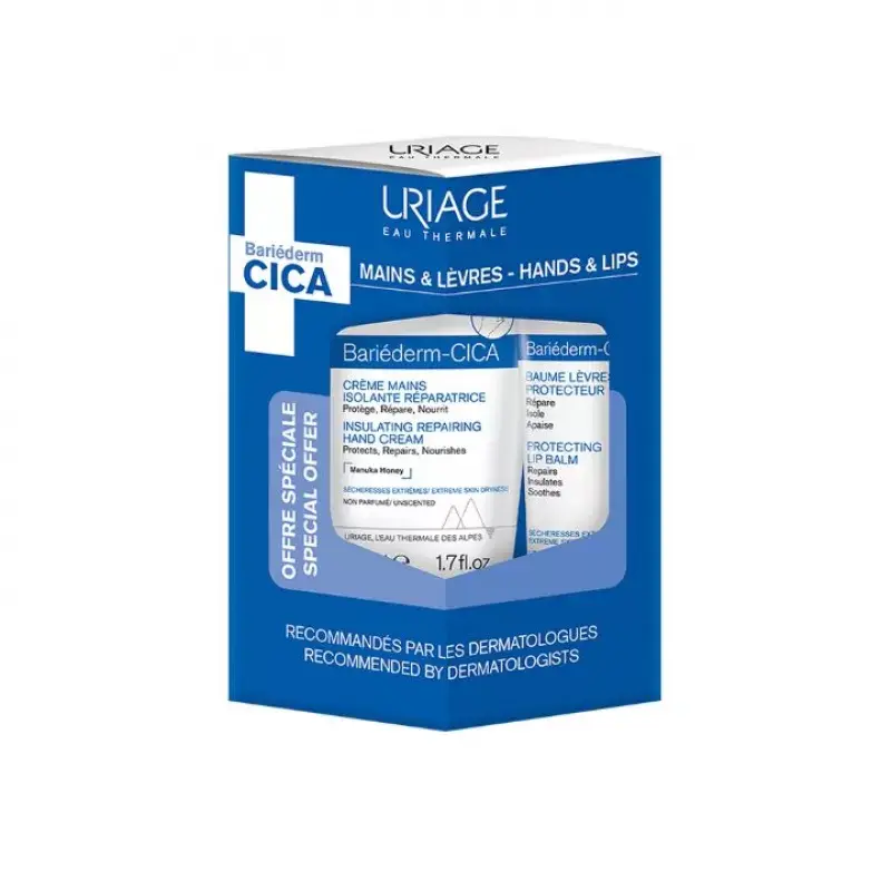 Uriage Set za negu ruku i usana Bariederm CICA, Krema za ruke, 50 ml + Balzam za usne, 15 ml, 2 proizvoda