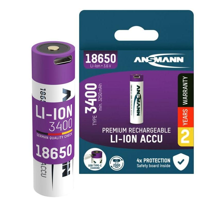 ANSMANN Baterije punjive li-Ion 18650 sa usb tip C ulazom za punjenje, 3.6 V, 3400 mAh, Ljubičaste