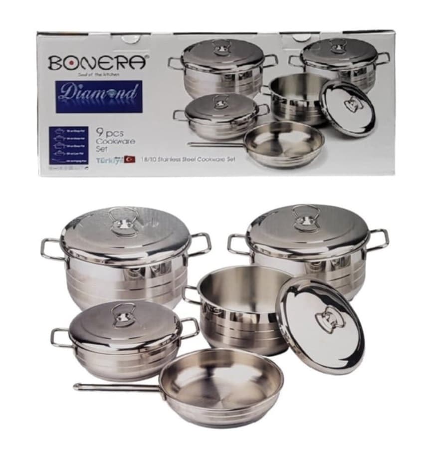BONERA Set četiri šerpe sa poklopcima i tiganj Diamond, Srebrne boje